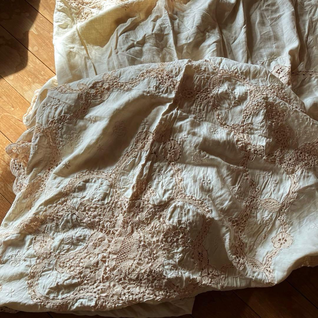 アンティーク　ヴィンテージ　ベージュ　レース (ベッドカバーレース) 綿