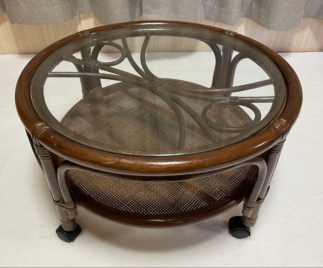 ラタン キャスター付き ガラステーブル コーヒーテーブル アジアン ビンテージ