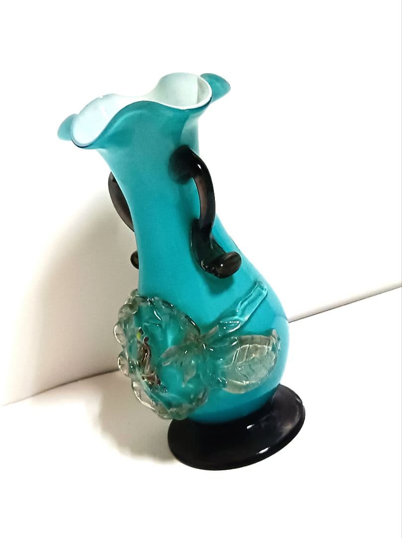 【骨董】大正ガラス　当時物　花瓶　吹きガラス　耳付花瓶　大正ロマン