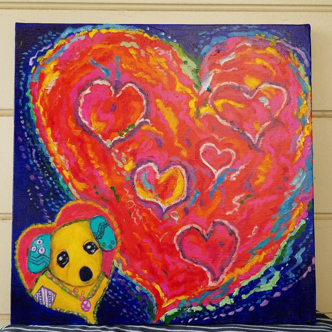油絵　ゆ(o^^o)★確認　ハッピーハートと子犬