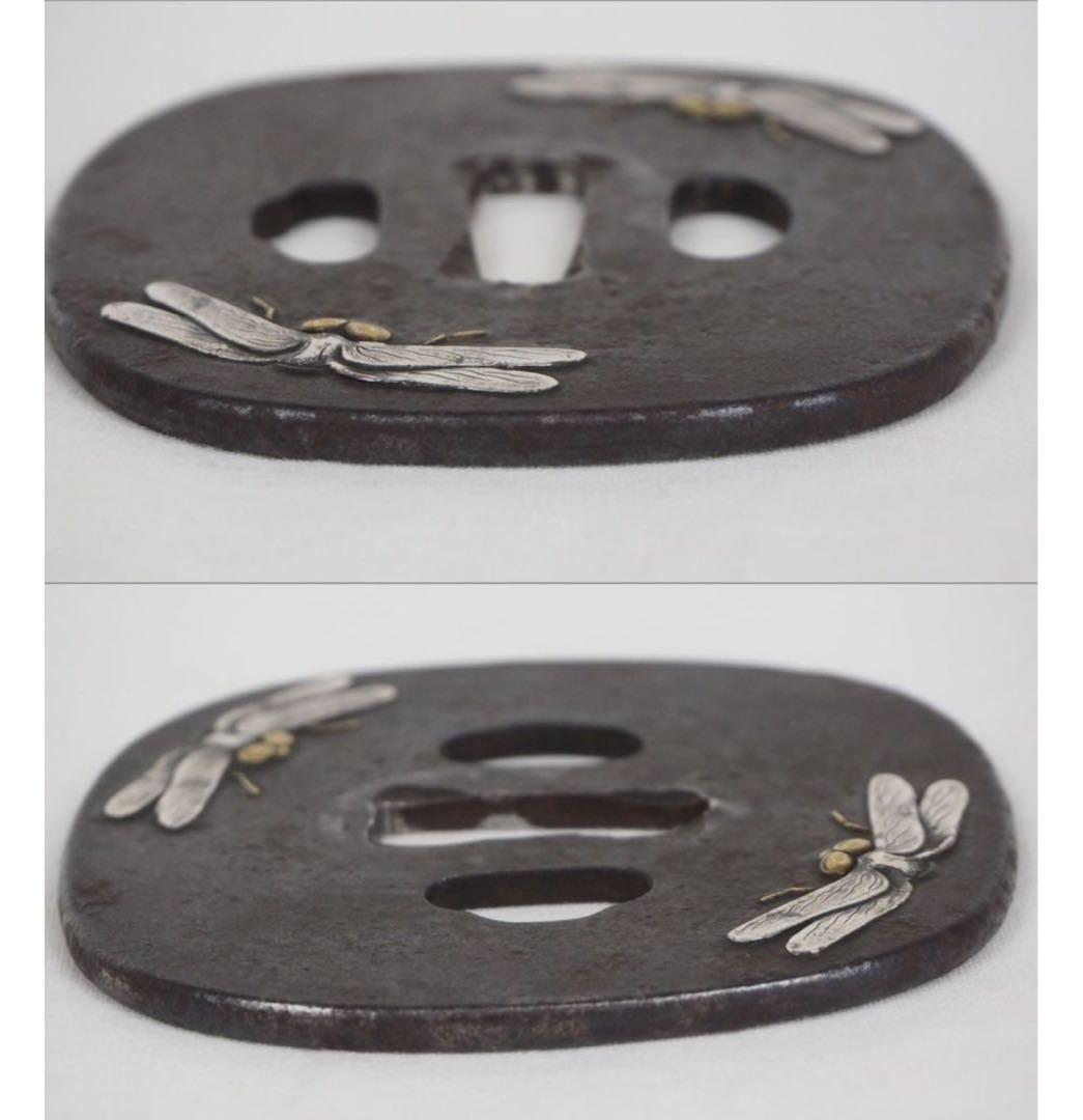 送料無料　江戸時代　勝虫図鐔/鍔　江戸　無銘　保存刀装具鑑定書（箱付）