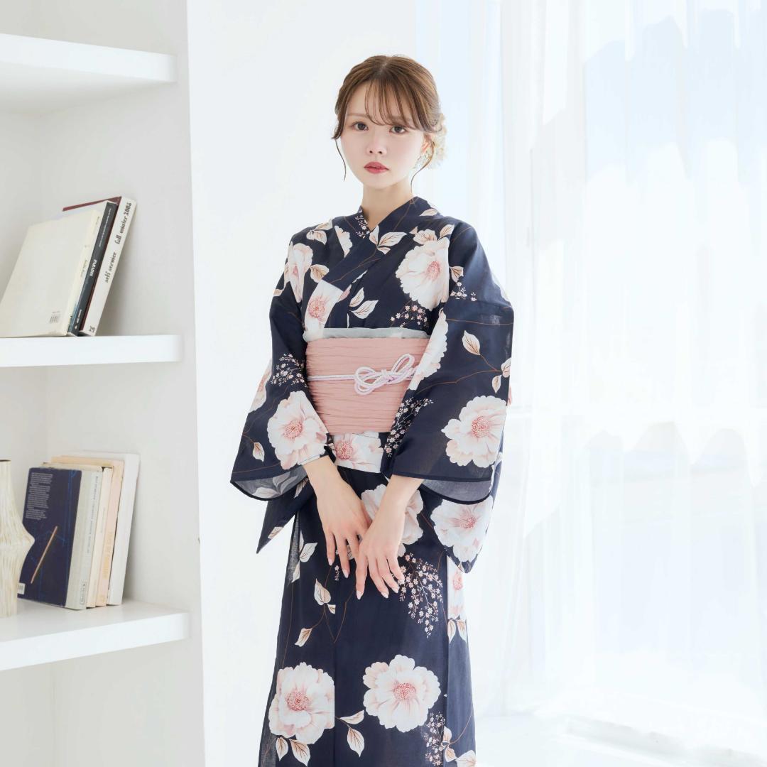 二部式浴衣 セパレート浴衣 3点set 珊瑚色の花あそび 濃紺地 Y5-23-2