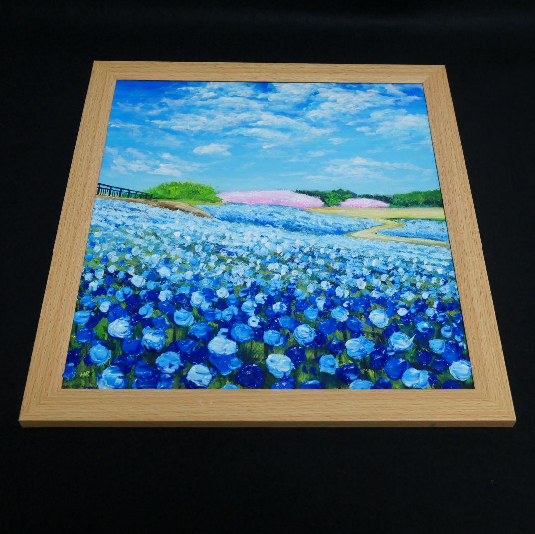 油絵 油彩 油彩画 絵 絵画 【ネモフィラと桜】