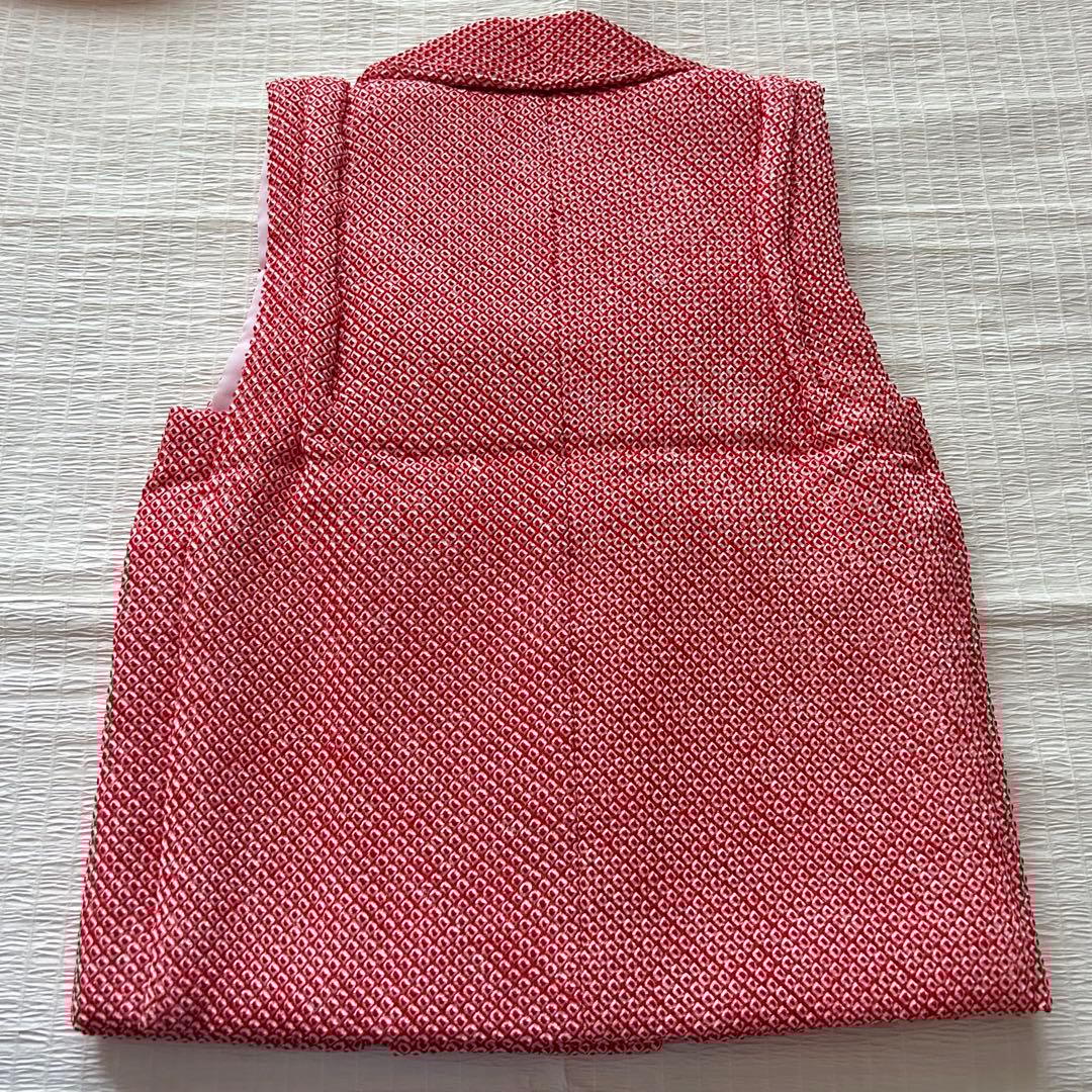 未使用品 七五三 3歳 着物 赤 総絞り 753 絹 被布 三歳 赤 草履 巾着