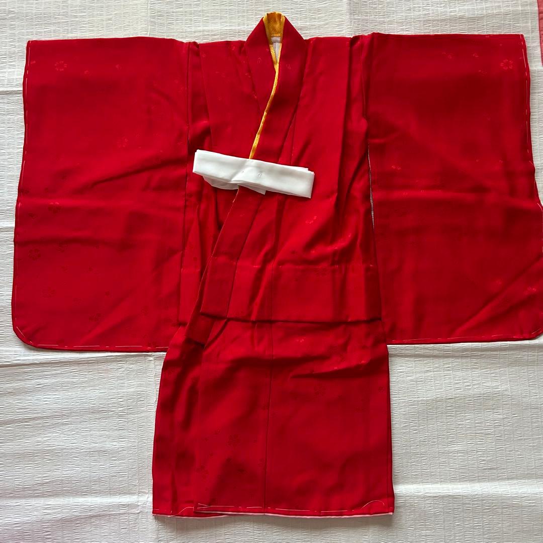 未使用品 七五三 3歳 着物 赤 総絞り 753 絹 被布 三歳 赤 草履 巾着