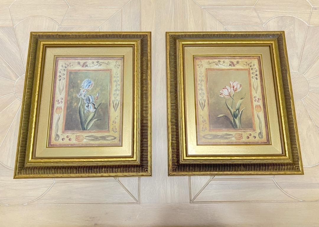 アンティーク額絵　英国製　大きめ　ゴールド金縁額絵　花　あやめ　チューリップ