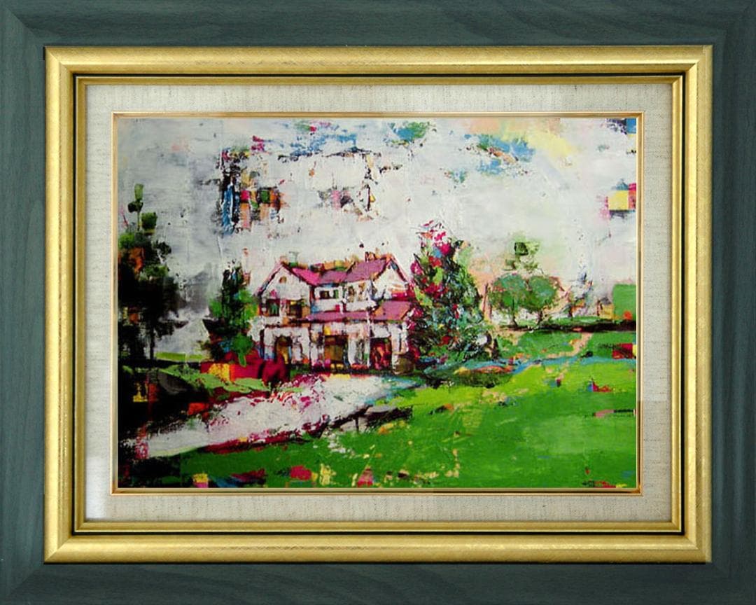 油絵 菅家令子 絵 絵画インテリア額付(青緑＋金色の枠) F6-060704風景