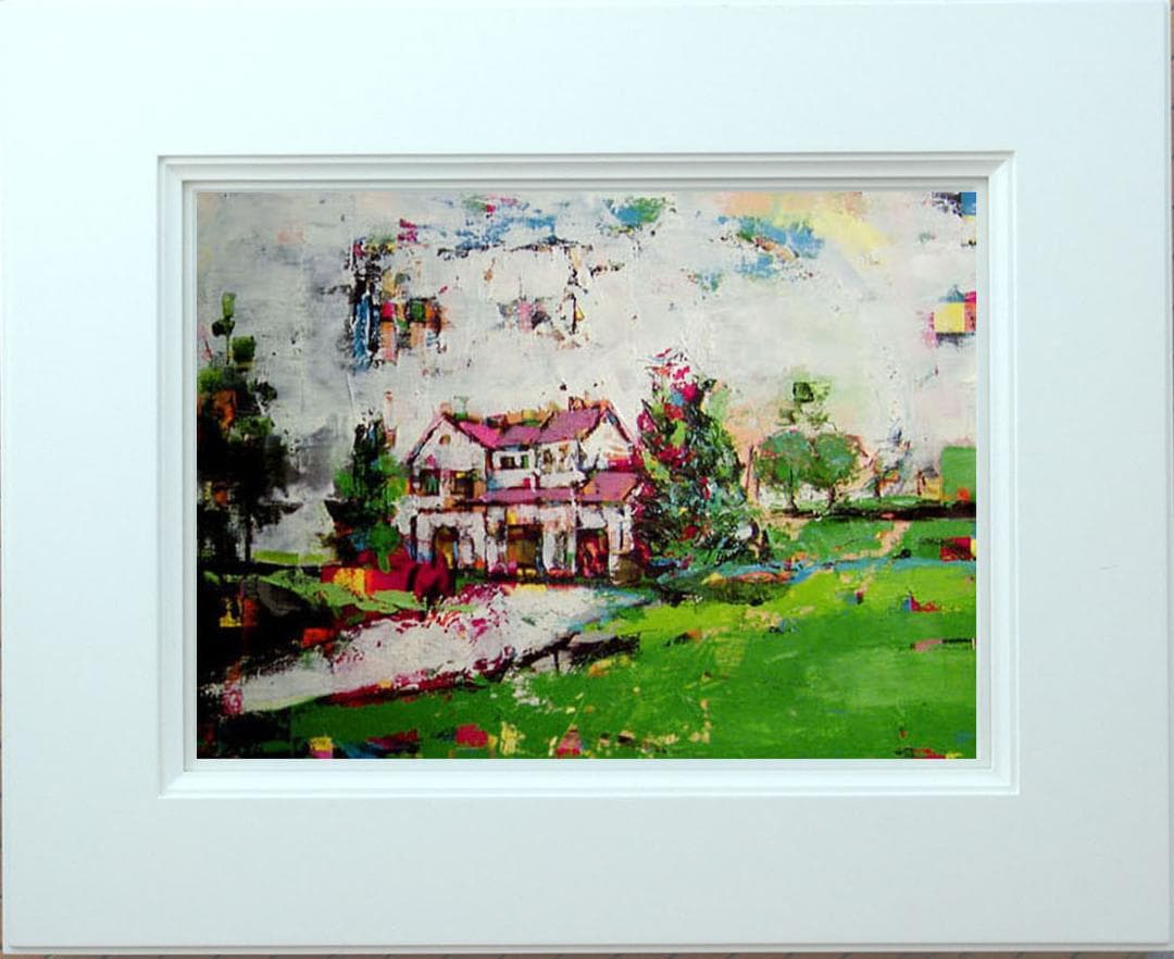 油絵 菅家令子 絵 絵画インテリア額付(青緑＋金色の枠) F6-060704風景