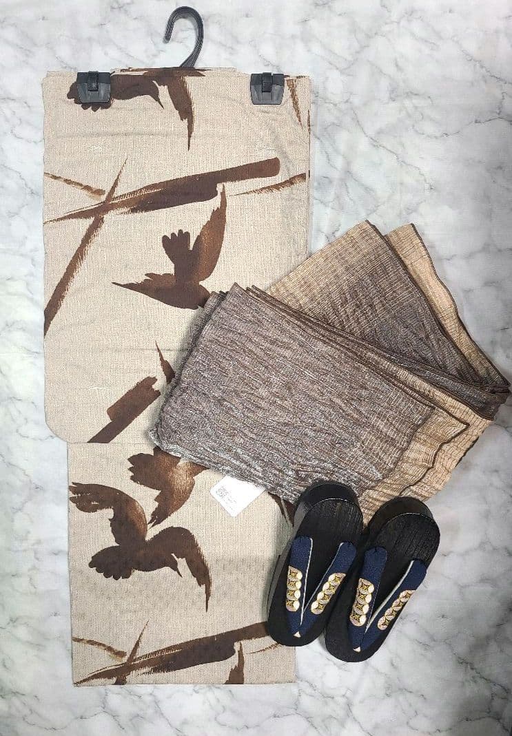 浴衣 ニコアンティーク 高級変わり織 浴衣3点セット 砂色に焦げ茶ぼかしの鵲