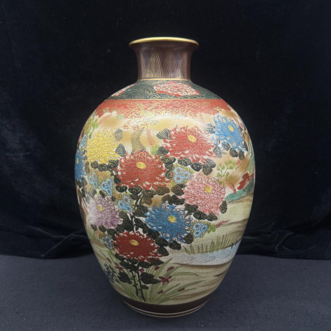 古美術品 薩摩焼 金彩花鳥図大花瓶 細密絵付 多彩な花模様 骨董品