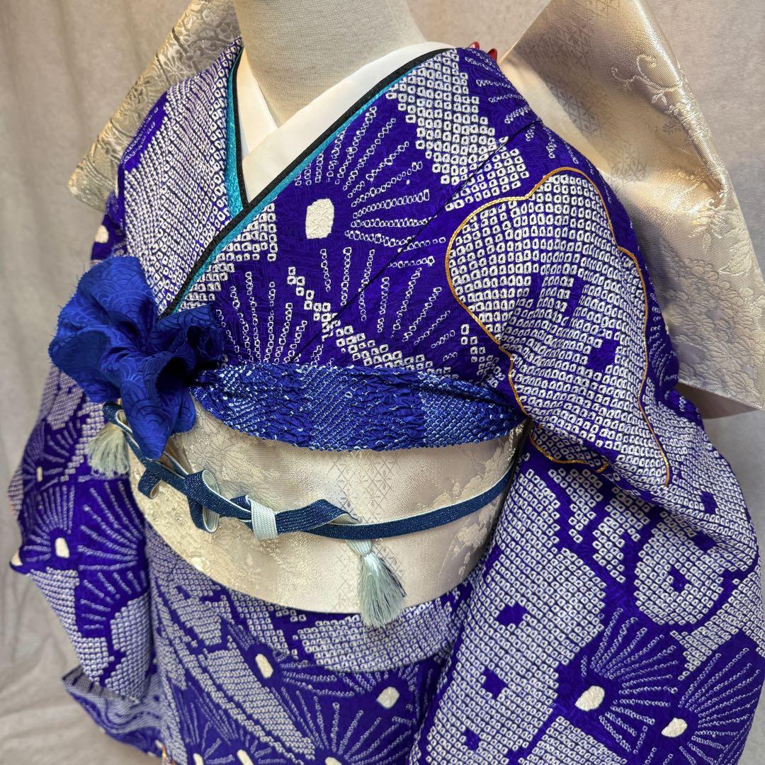 総絞り　美品　振袖六点フルセット　157〜167cm　裄長め　青