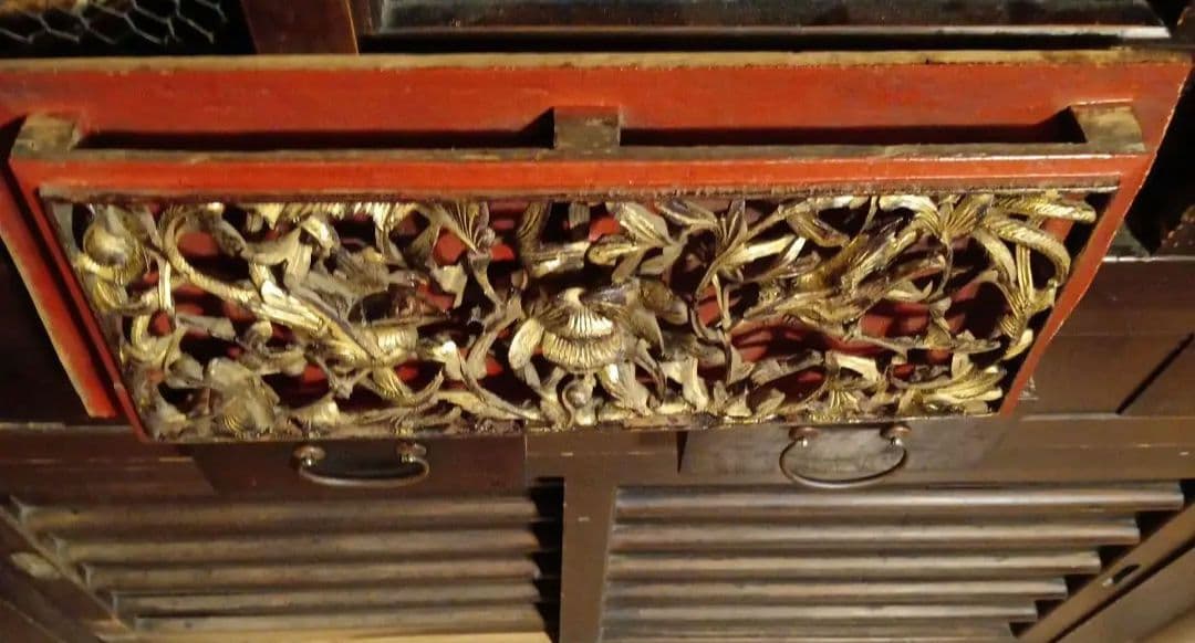 木彫工芸品 花鳥図 透かし彫り 金塗り　オブジェ　アンティーク