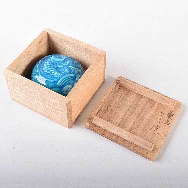 茶道具　萬古焼　加賀瑞山造　トルコ釉　荒磯魚文香合　共箱　V　7150