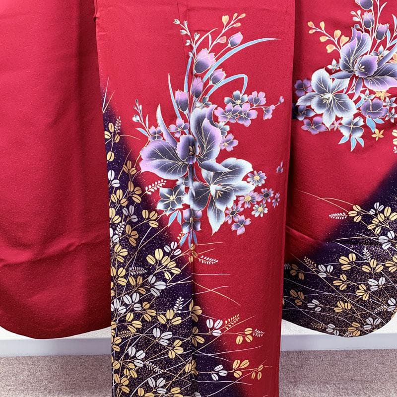 502z29☆振袖 金彩 個性的 花 萩 赤×紫☆美品 成人式 結婚式