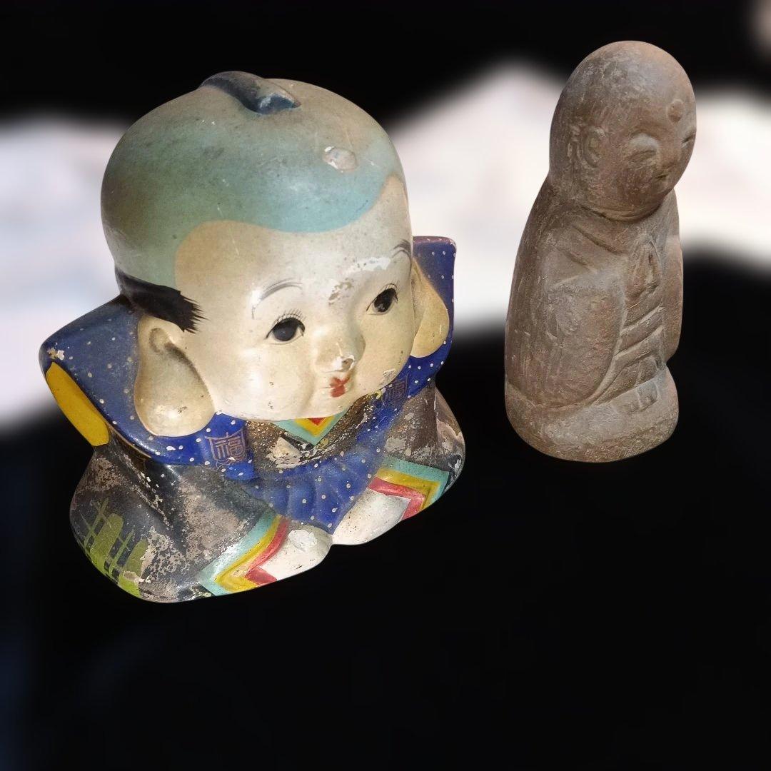 146.陶器製の石仏と昔の福助 多彩な置物 約15cm、極小品