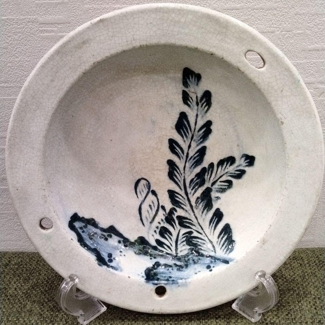 m239 江戸期 珉山焼 源内焼 弦葉図掛飾皿 大皿　H