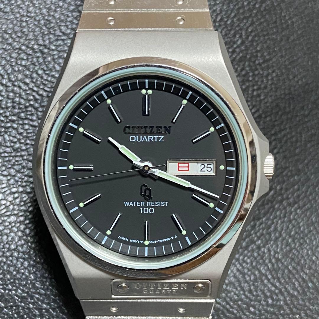 シチズン オールドクォーツ ブラックダイアル ガラス傷無し ロゴプレート 極美品
