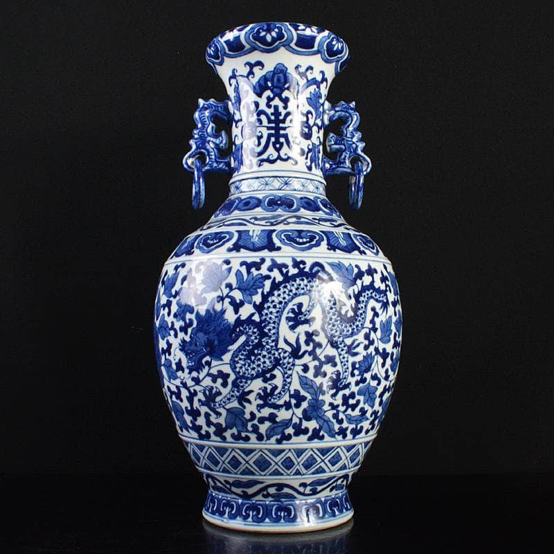 中国　大清雍正年製款　青花　唐草龍花文　遊環双耳瓶　V　R7172B