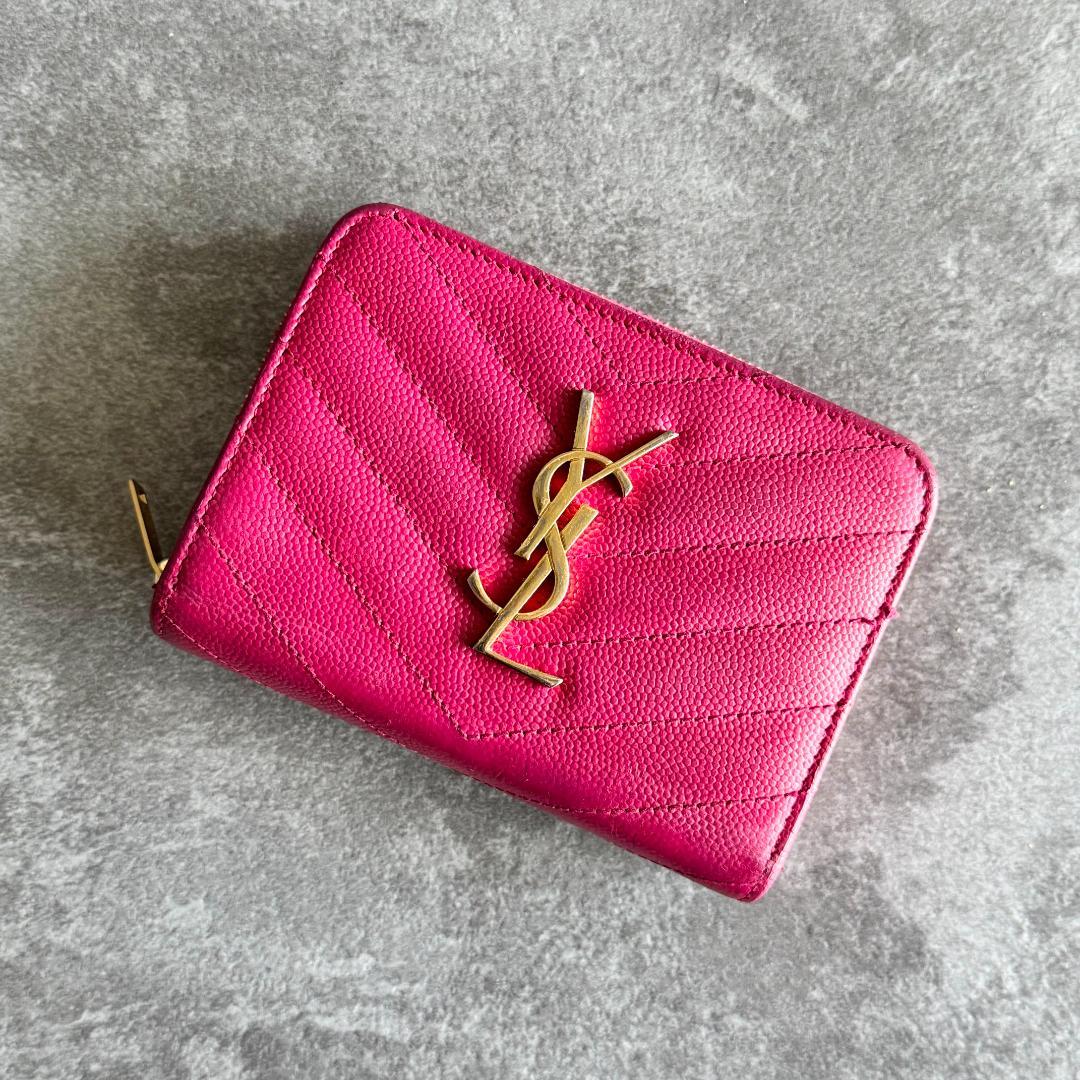 ⭐️サンローラン⭐️ Vステッチ コンパクトウォレット ピンク YSLロゴ