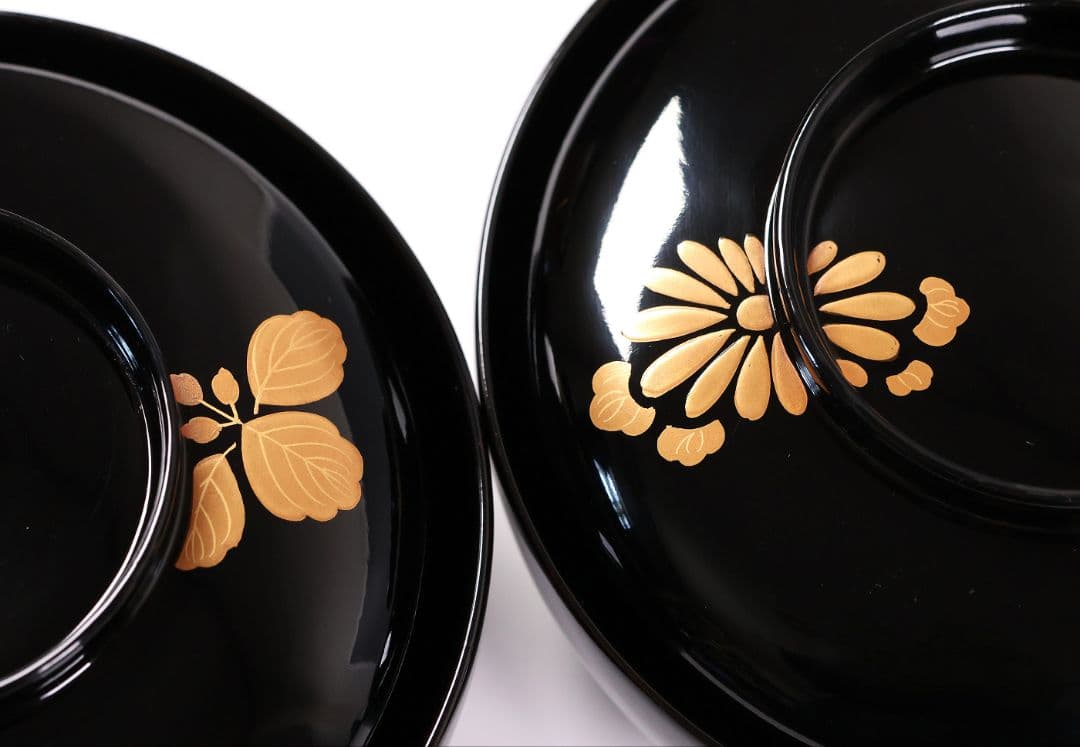 【CM397】天然木漆塗 菊桐鳳凰金蒔絵 黒塗 煮物椀 二客 昭和期 木製漆器