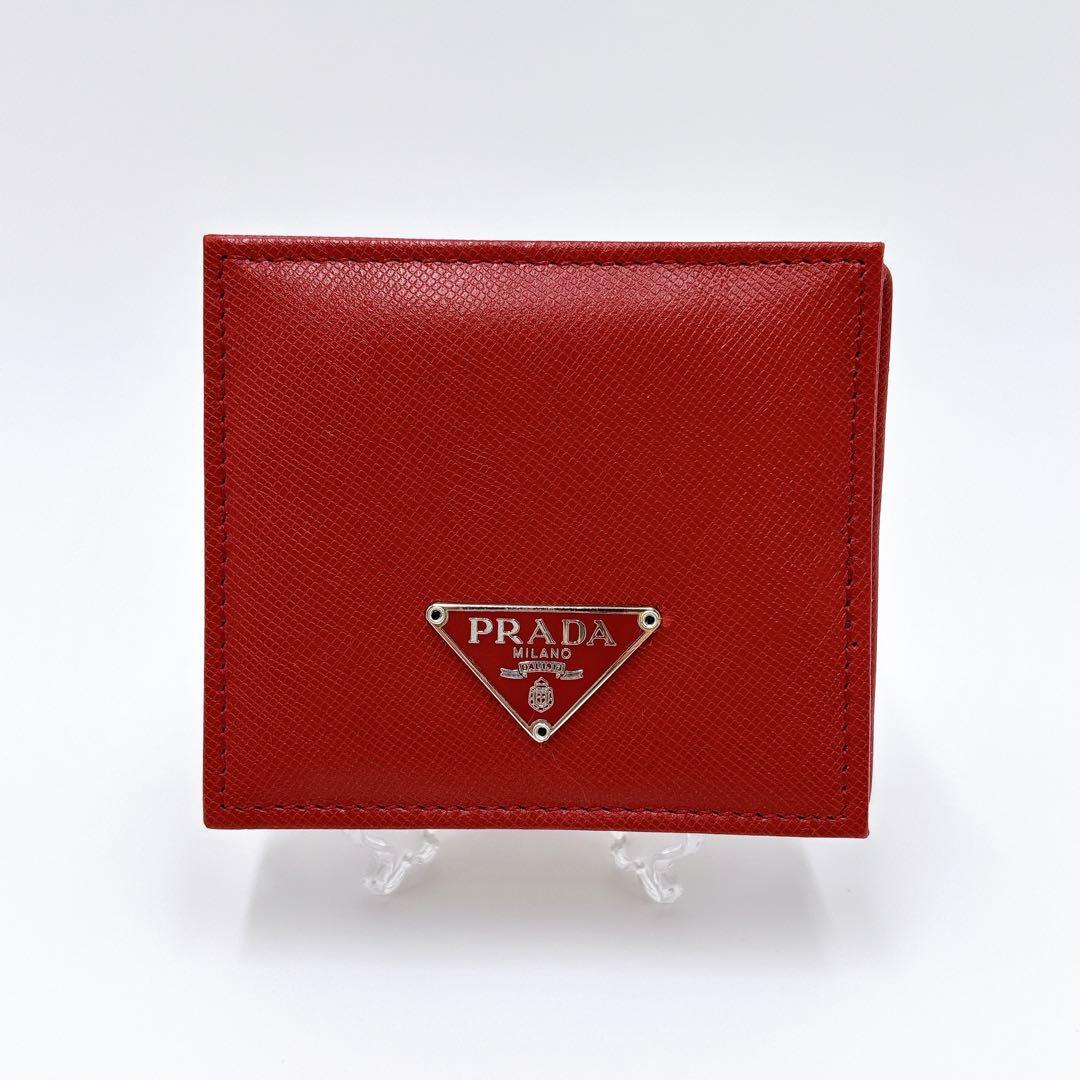 美品 ＊ PRADA プラダ サフィアーノ 三角ロゴ スクエア ケース 赤