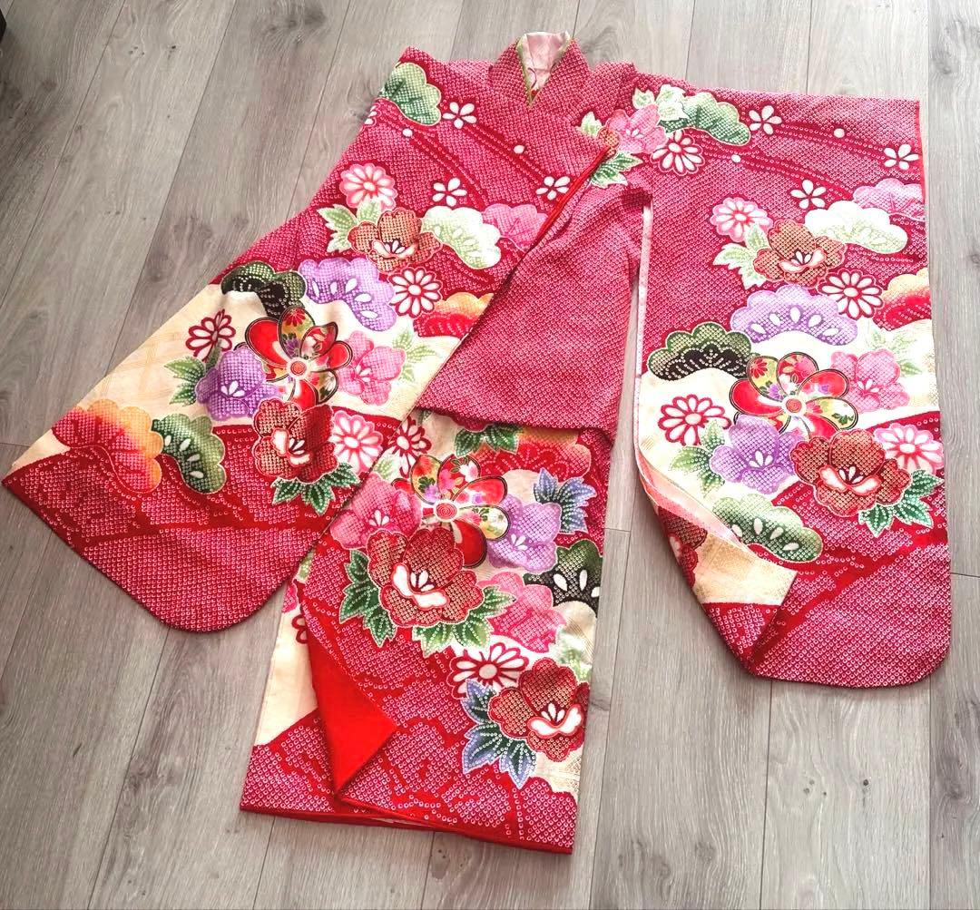 美品 七五三 三歳 女の子 正絹 赤 花柄 豪華お着物・長襦袢セット