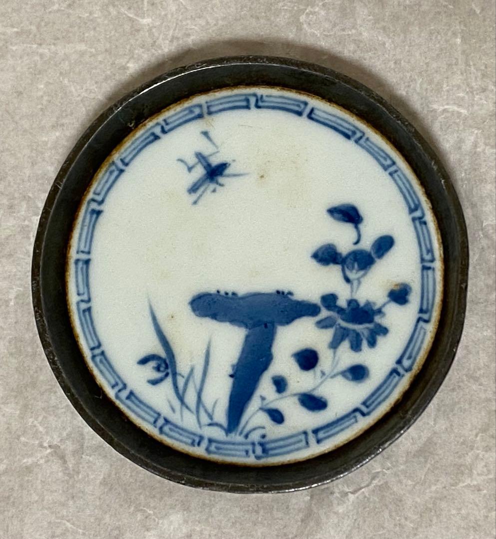 煎茶道具　中国唐物　古錫茶托　浄足銘　花に虫図染付　希少