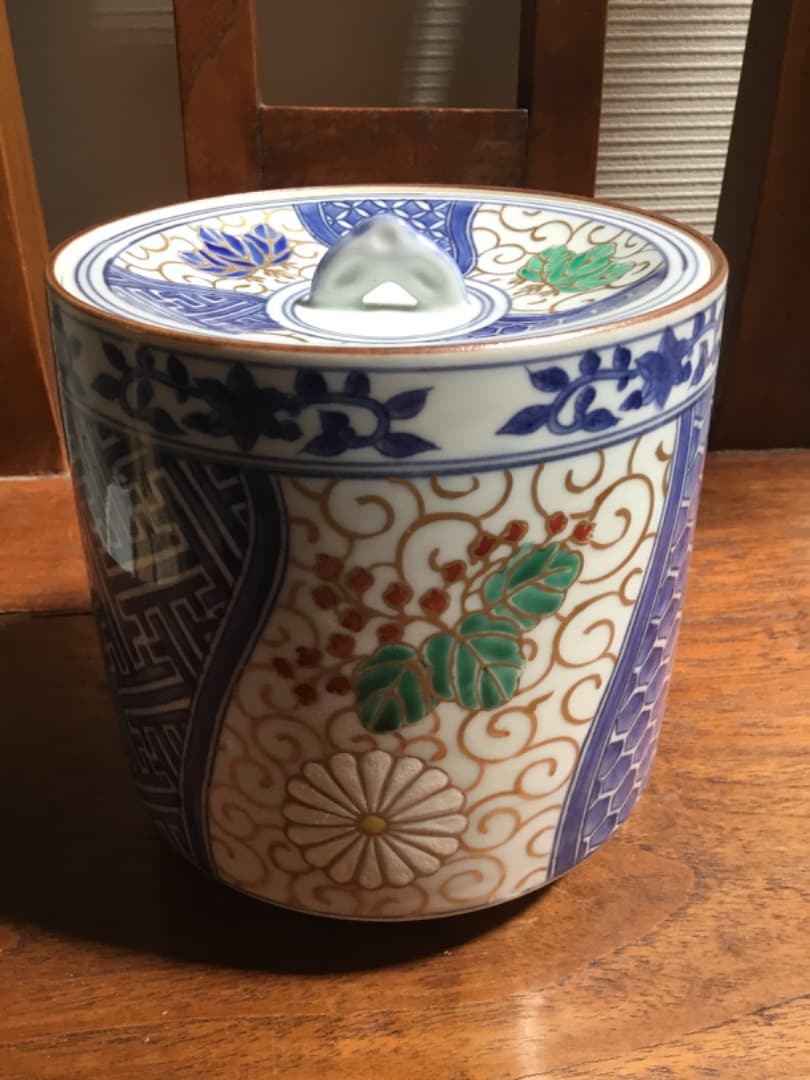 骨董市 アンティーク 茶道具　水指　京焼 葵　菊　亀甲　金　青