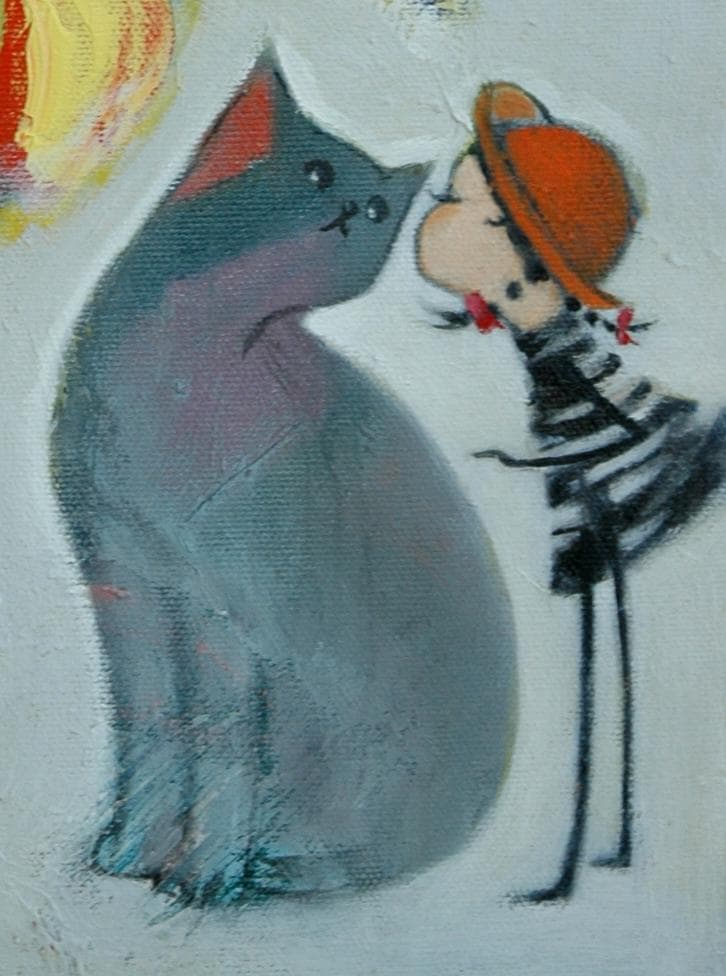 油絵 菅家令子絵 絵画インテリア額付(青緑＋金色の枠)uF6-050320猫女子