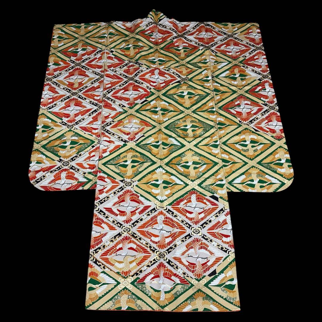 (う3)雅宴向鶴✨豪華絢爛な光を放つ金彩や格子模様のアンティーク振袖㊗️④点セット