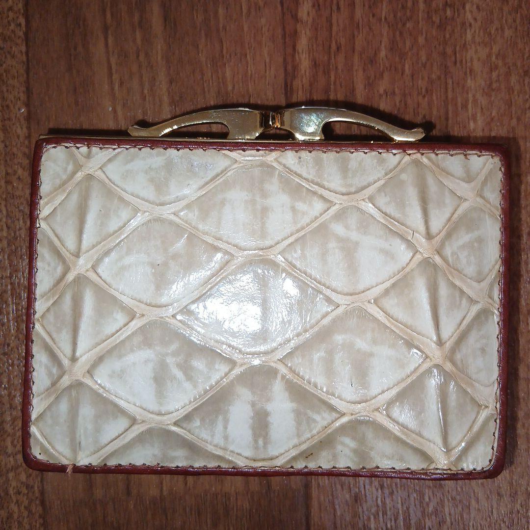 【レア】アルマジロ革 レザー 皮 二つ折り財布 がま口 金色 茶色 クリーム色