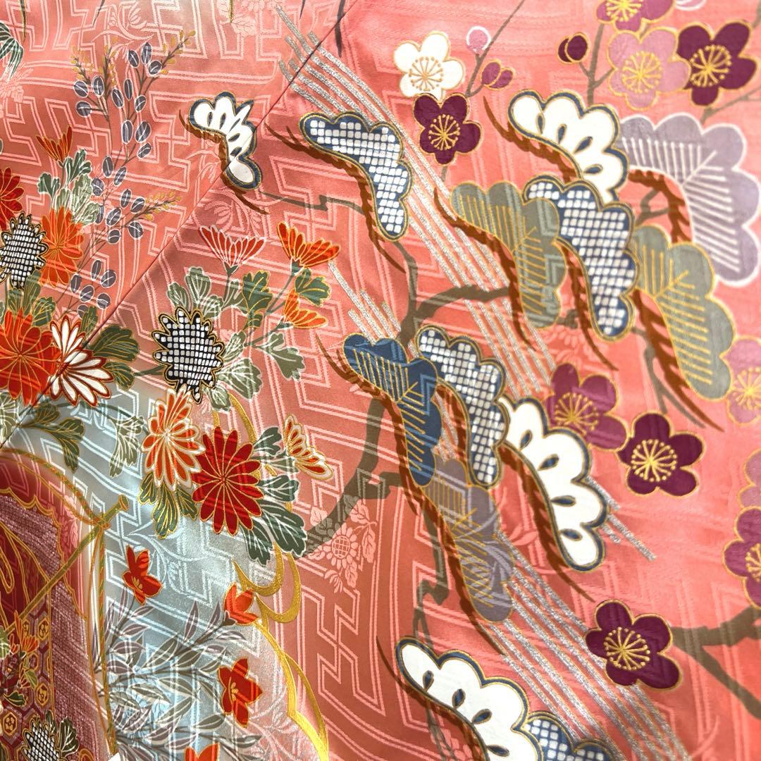 460 振袖のみ 正絹 コーラルピンク 桃 赤 金彩 駒刺繍 暈し染め