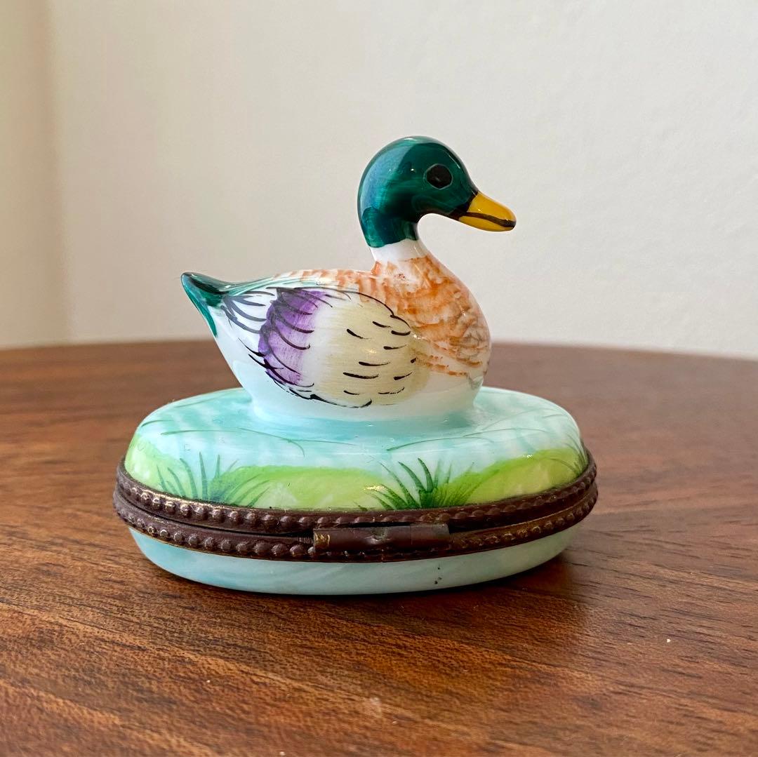 フランス ヴィンテージ リモージュ 手描 鴨 フィギュリン 小物入 ピルケース