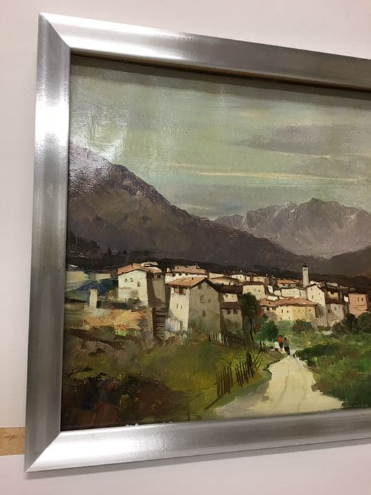 油絵肉筆画 イタリアの画家カンパリ 額縁付き銀色50センチ×43センチ