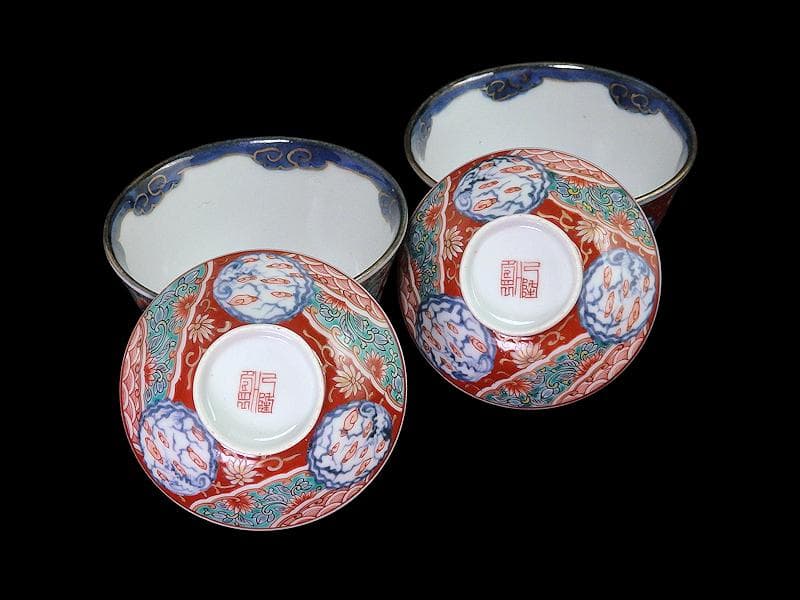 古伊万里　色絵　団龍紋　青海波に花の図　蓋茶碗　２客　D096AS-CWl