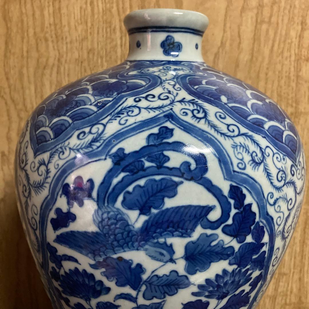 中国　染付　瓶　梅瓶　花鳥波之図　康熙年製銘