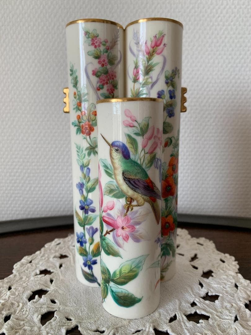 ✨特別価格✨ロイヤルウースター金彩耳付き花鳥文様3連管の花瓶　英国アンティーク