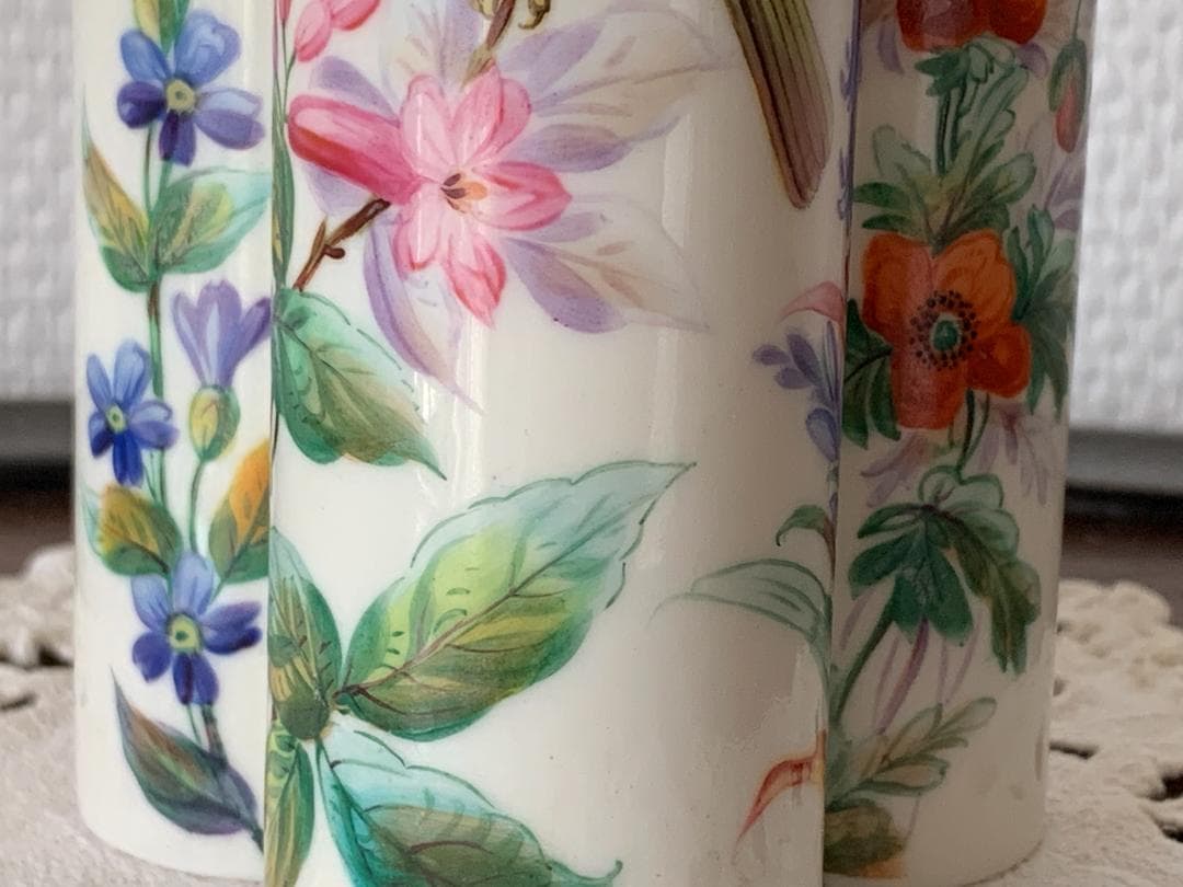 ✨特別価格✨ロイヤルウースター金彩耳付き花鳥文様3連管の花瓶　英国アンティーク