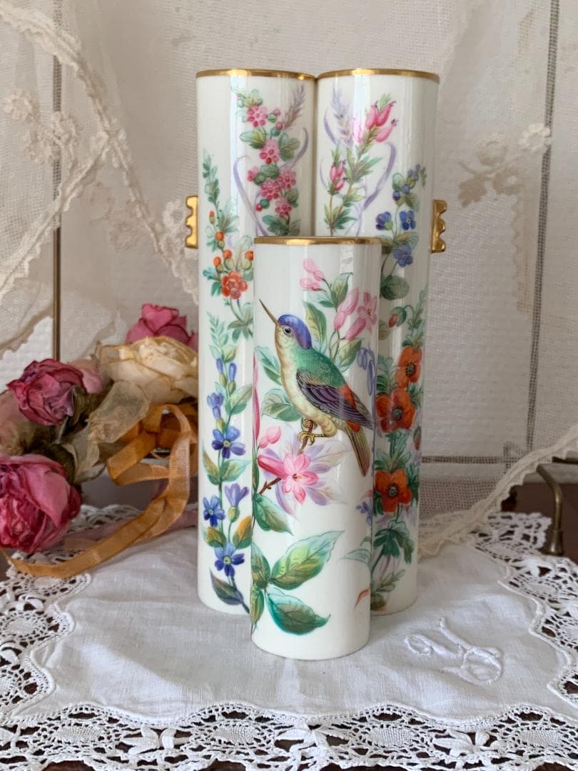 ✨特別価格✨ロイヤルウースター金彩耳付き花鳥文様3連管の花瓶　英国アンティーク