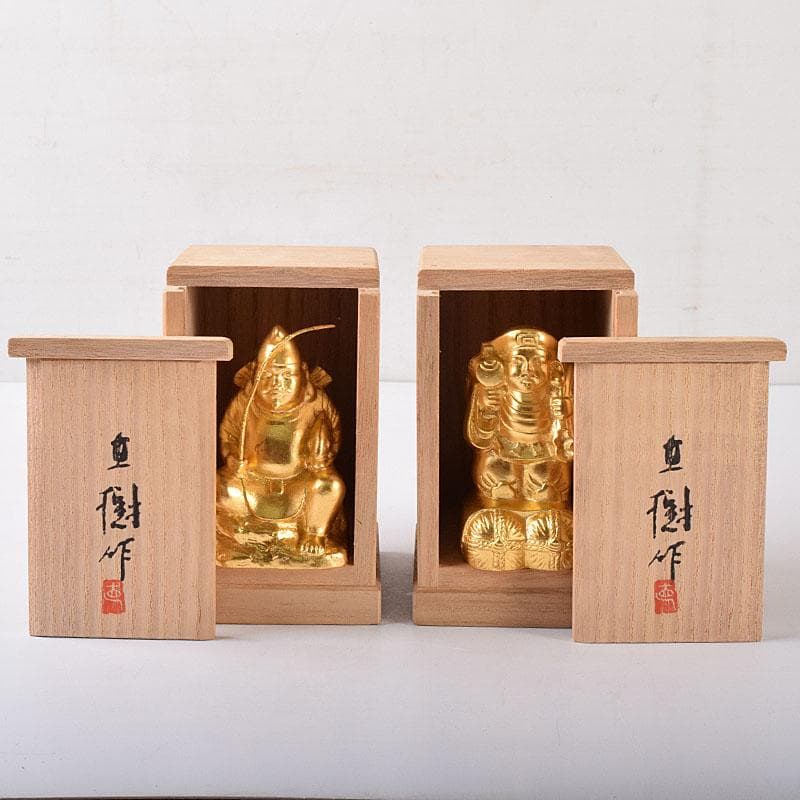 彫刻家　富永直樹作　銅鍍金　大黒天　恵比須像　七福神　2点　共箱　V　7606