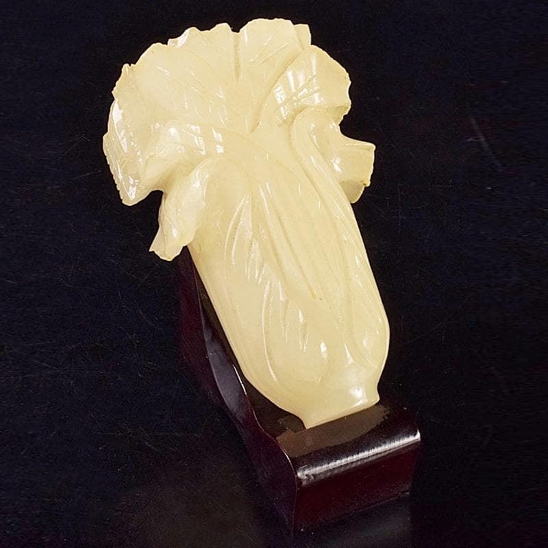 中国　玉石白玉彫刻　白菜　置物　唐木台付　C　R7586