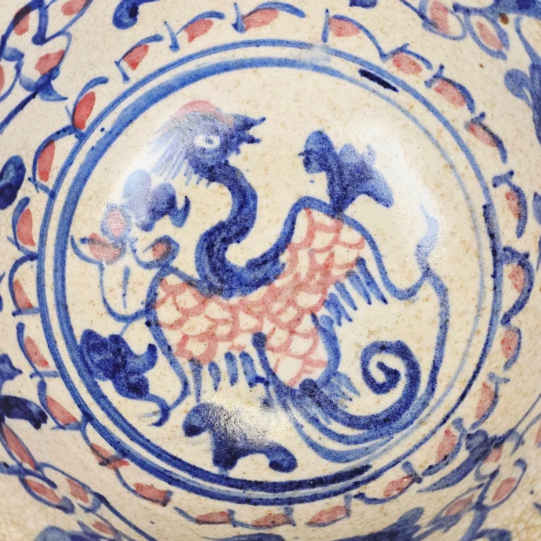 骨董品 中国古磁 青花染付 釉里紅 手絵 鳳紋 海碗 大茶碗 観賞物 美品 在銘