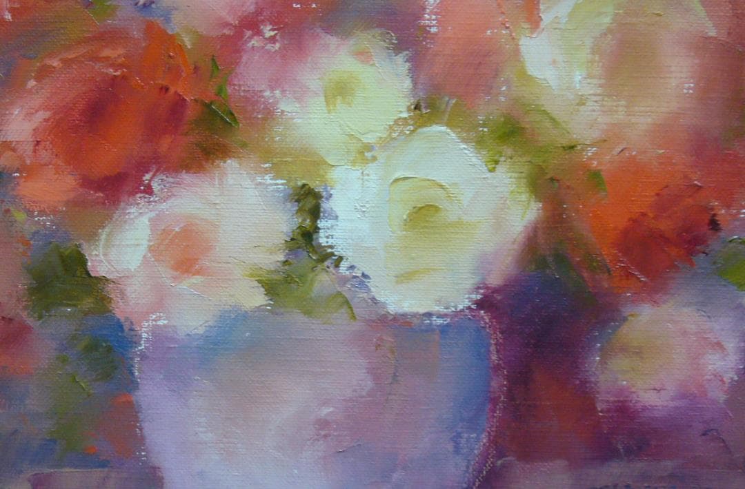 絵画 油絵 青木今陽 肉筆油絵  手淡い色合いの 薔薇の花