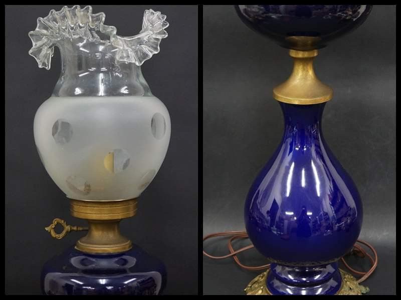 大型ランプ フリルガラスランプ 金彩色絵『貴公子と貴婦人文』洋燈 卓上ランプ