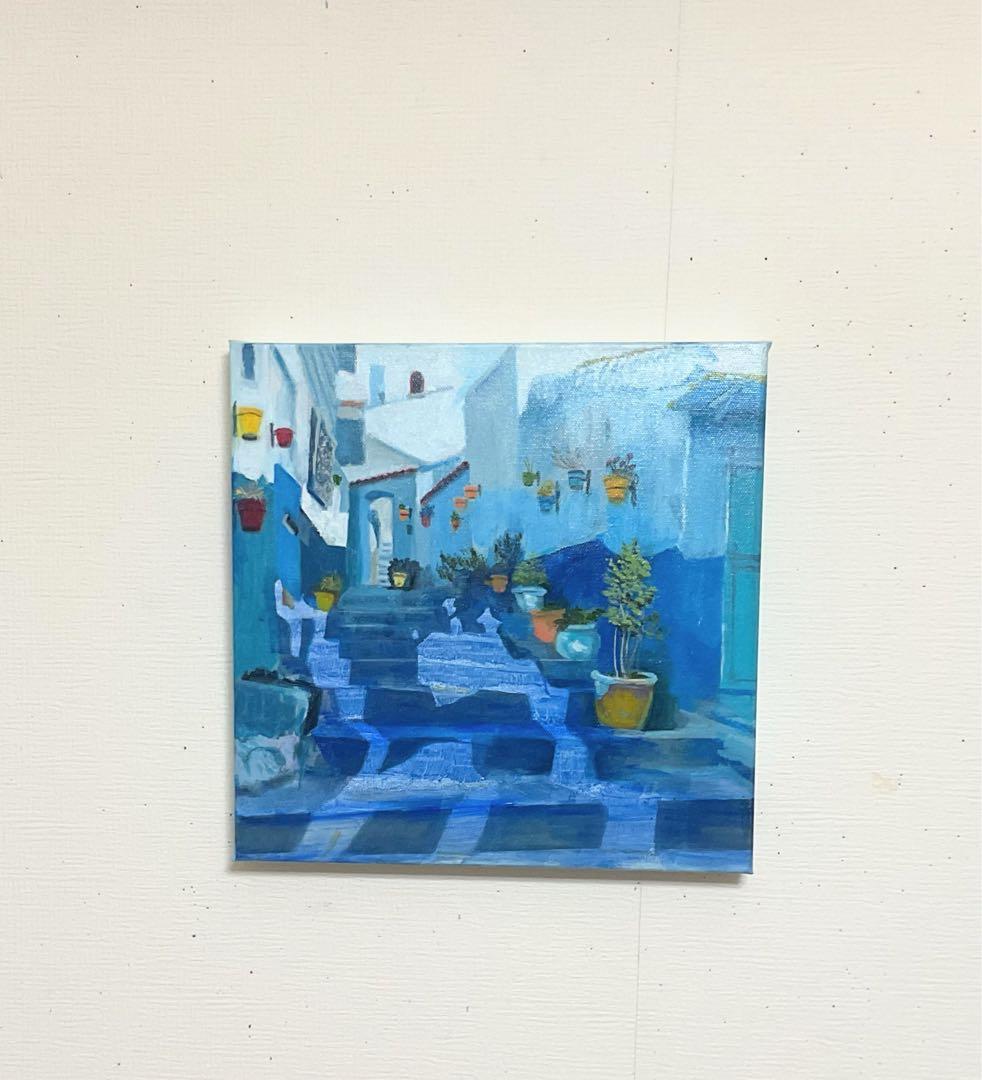 油彩画　「　空色の街　」　3Dキャンパス