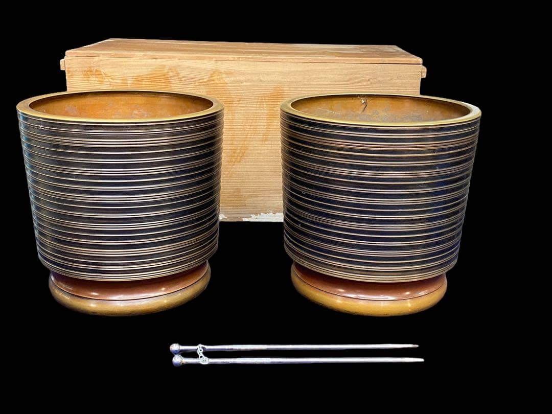 火鉢　銅　一対　火箸　木箱付き　440