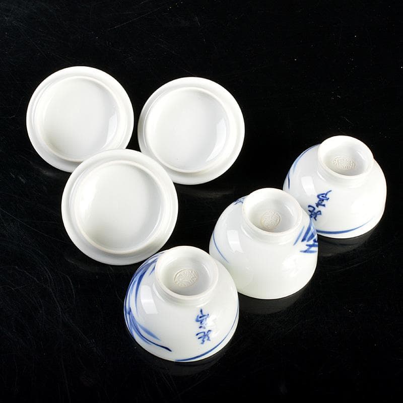 京焼　平安　光峰作　染付笹文　蓋付　猪口　３客　V　6061