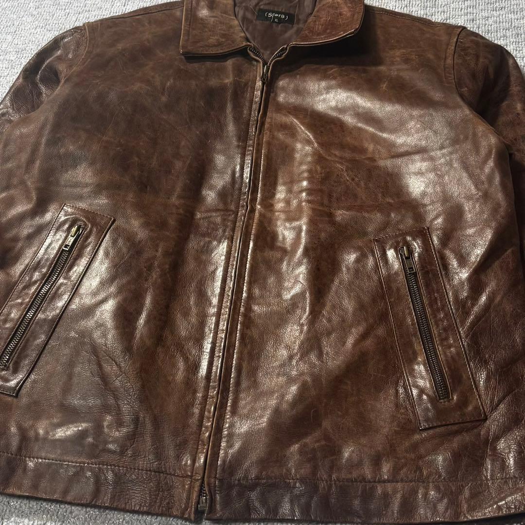 00s 本革 レザージャケット フェード XL ブラウン 古着 シングル