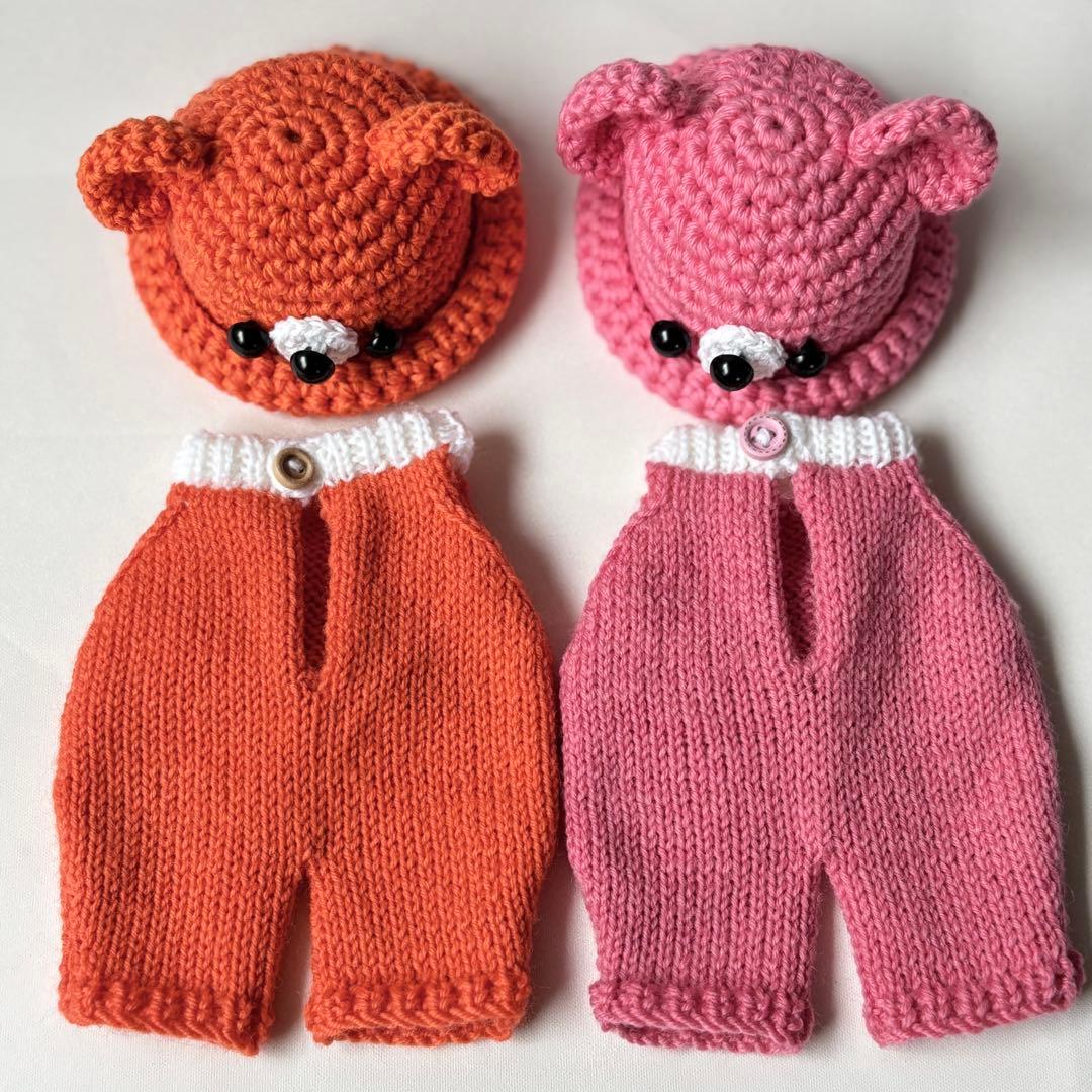 baramon　くまさん帽子とオーバーオール　ピンクとオレンジ二着セット