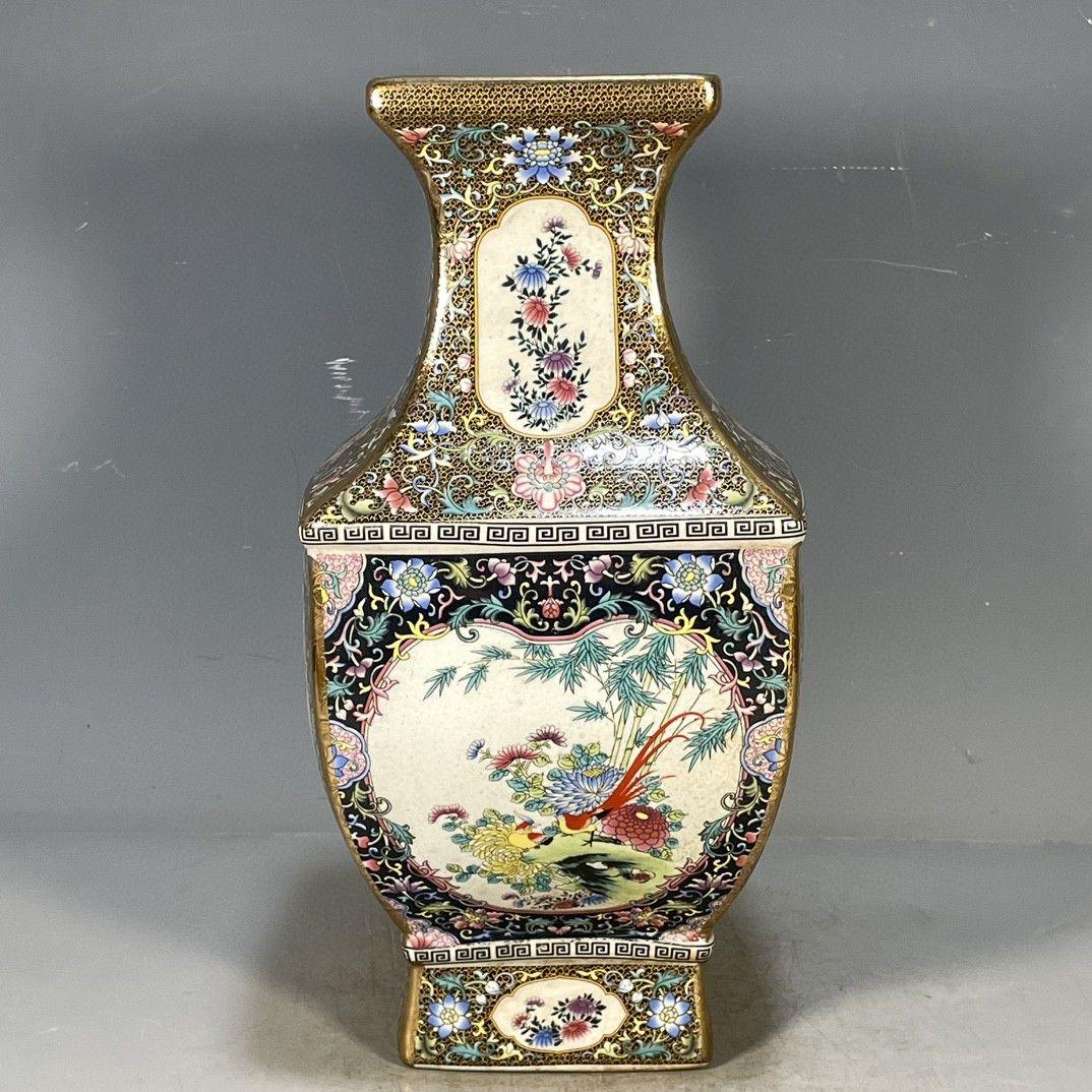 清乾隆琺瑯彩花鳥図紋四方賞瓶 景徳鎮 陶磁器 装飾品 工芸品 美術品 置物